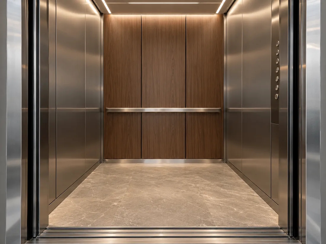 Elevator cabin with brushed stainless steel, wood panels and warm ceiling lighting