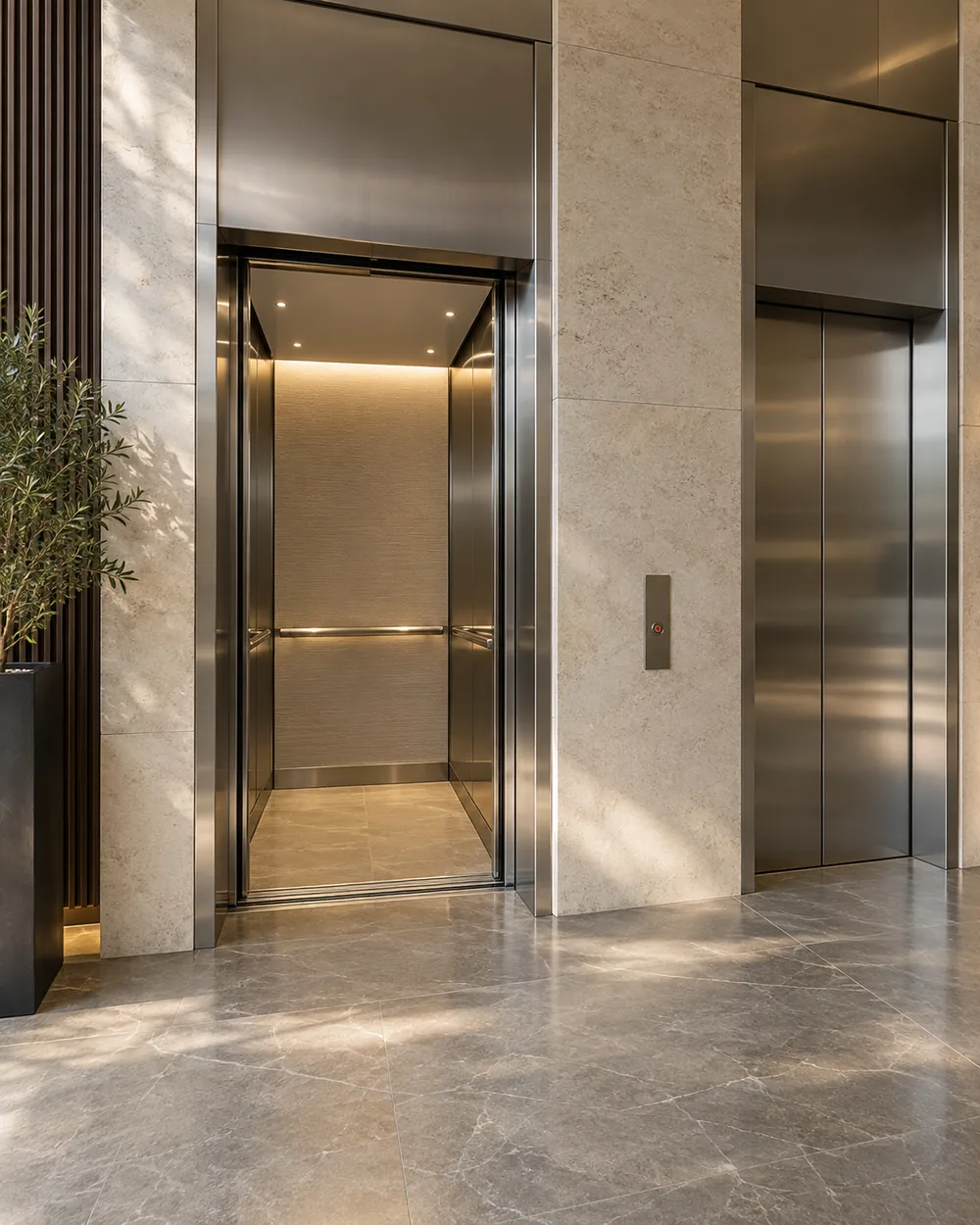 Open passenger elevator in a contemporary stone and stainless-steel lobby