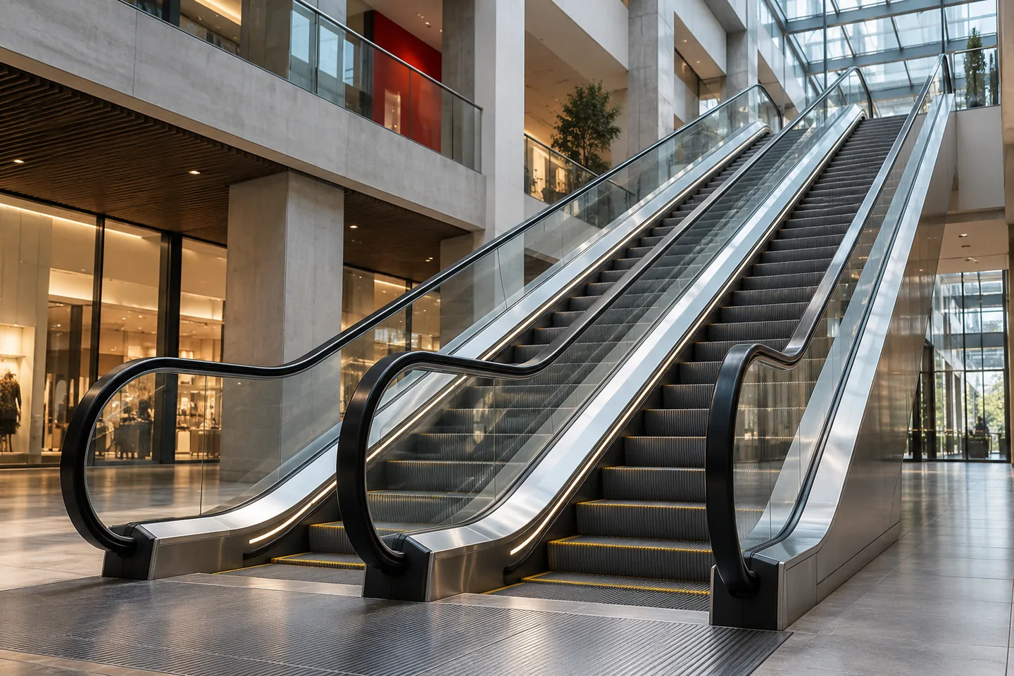 Parallel escalators in a contemporary glass and concrete atrium