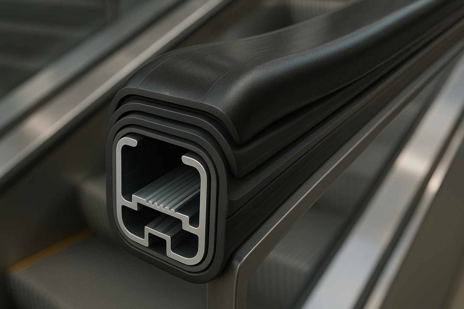 Modern escalator handrail close-up with technical details