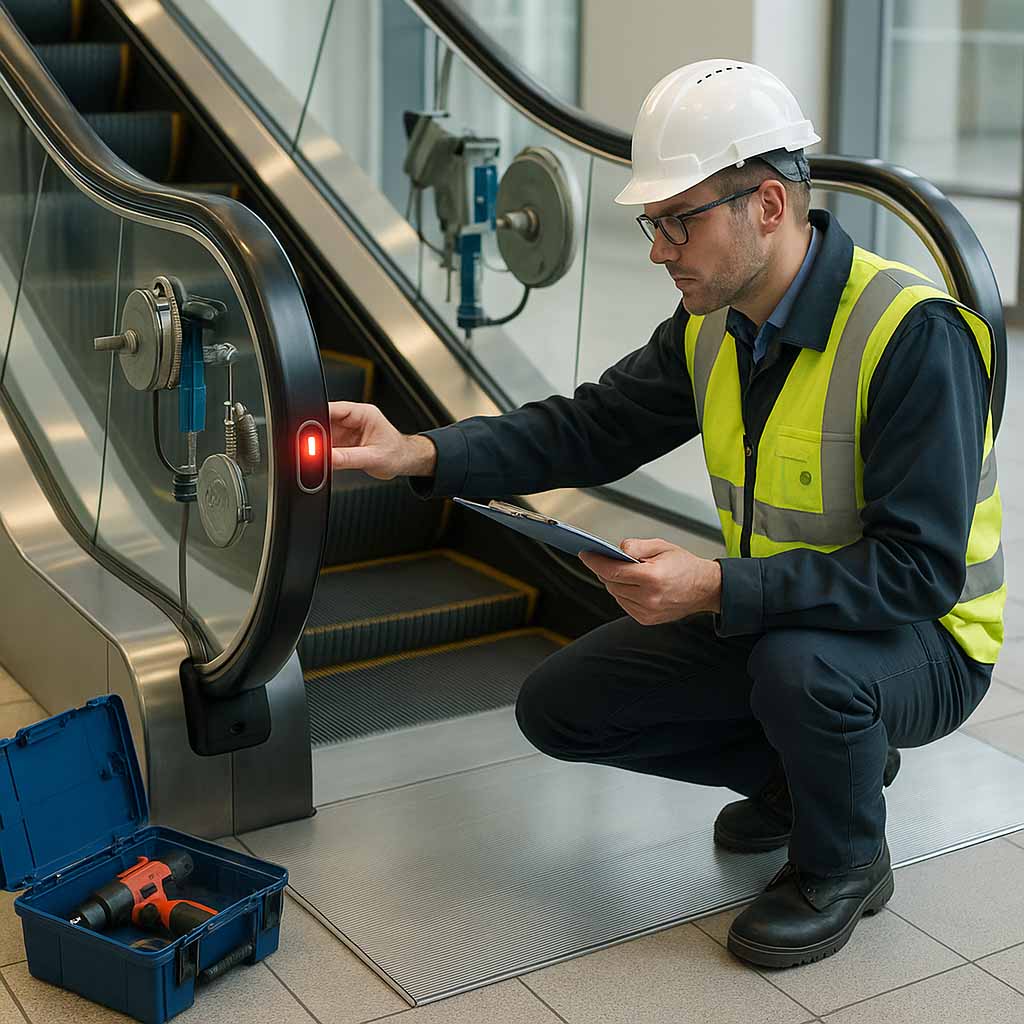 Escalator safety inspection including handrails, brakes, and sensors