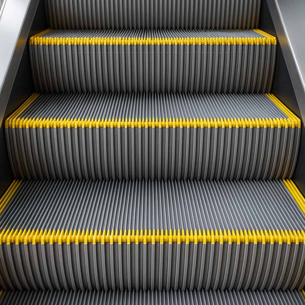 Close-up of escalator steps with yellow safety demarcation and anti-slip grooves