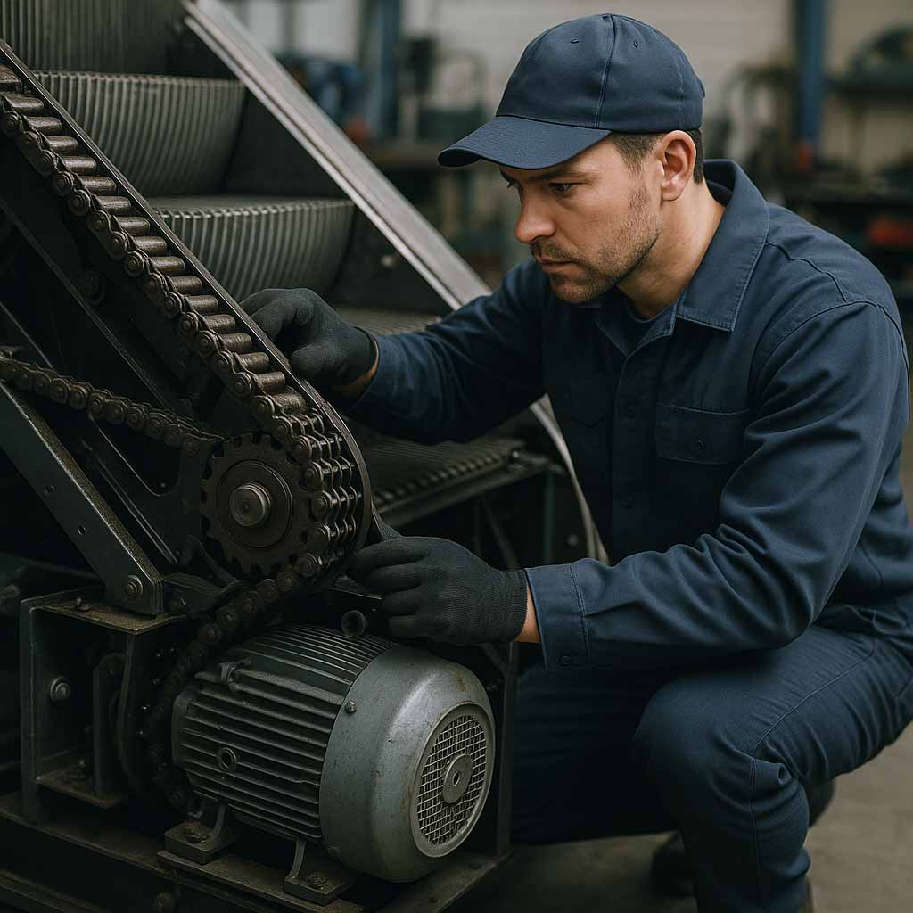 Technician inspecting escalator step chain and drive motor during maintenance