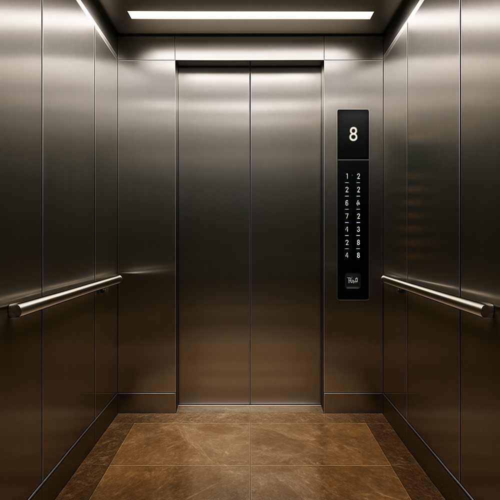 Luxury elevator cabin with LED lights, digital panel, and polished interior