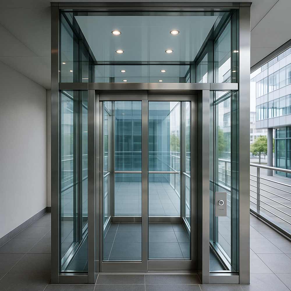 Front view of an elevator door with digital floor display in a modern building