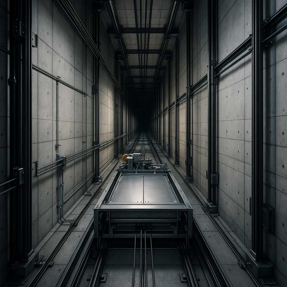 Detailed view of a modern elevator shaft with metallic rails and mechanical components